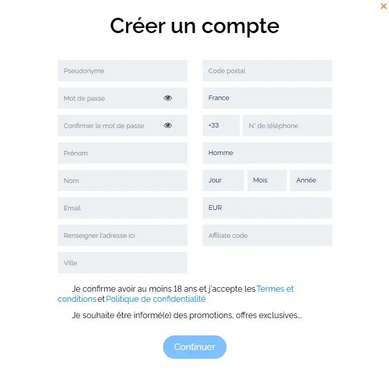 Processus d'inscription BILLY BETS CASINO